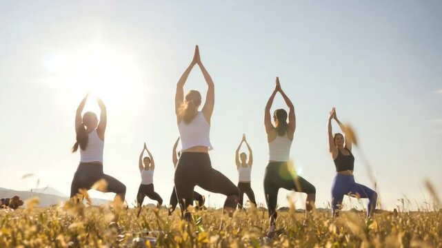 Diverse group practicing yoga outdoors