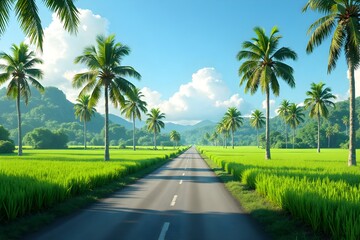 Fototapeta premium Countryside Road with Palm Trees and Green Rice Fields
