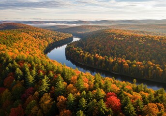 Aerial view of a river winding through a valley of colorful autumn trees
