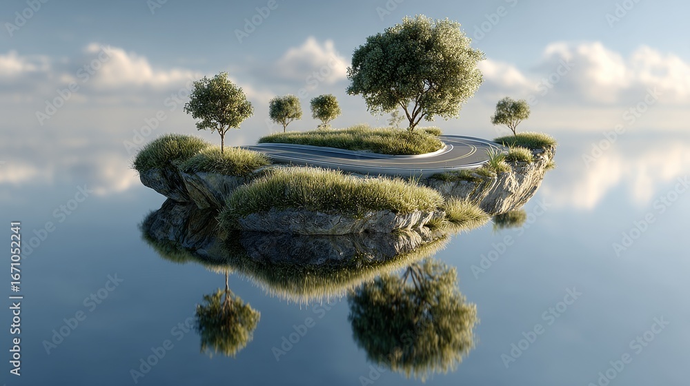 Poster floating island with trees and reflection in calm water