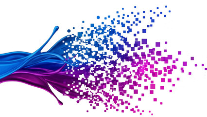 Blue and purple paint splashes dissolving into pixel dots, symbolizing digital transformation and innovation.