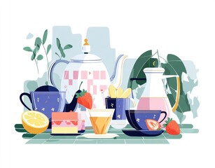 A still life of tea, strawberries, and treats.  Pastel colors, flat design style