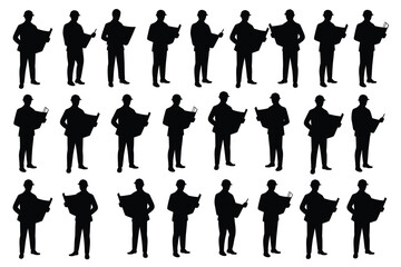 Vector art of silhouettes of architects and engineers holding blueprints, , showcasing construction and professional expertise