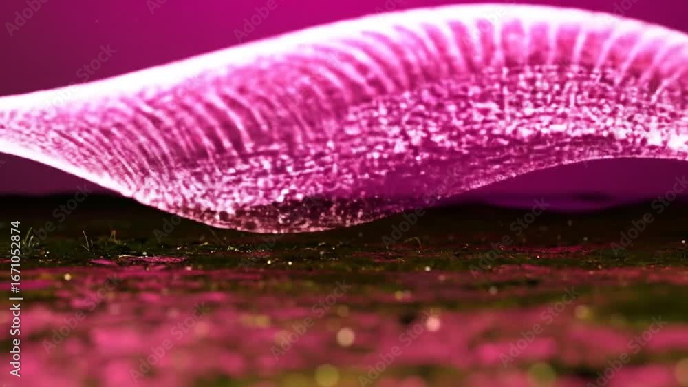 Poster abstract pink particle wave on reflective surface with a glowing effect for modern designs and creat