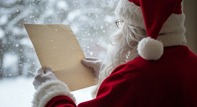 Pap&aacute; Noel de espaldas leyendo una carta frente a ventana con nieve cayendo, concepto de lista de deseos y magia de Navidad en un ambiente invernal
