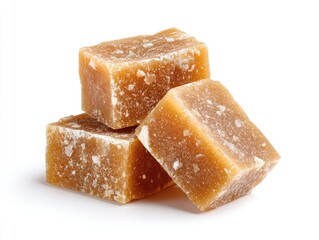 Three light-brown, slightly rough-textured, square candies stacked