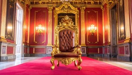 Ornate golden throne sits on a red carpet in a regal room.