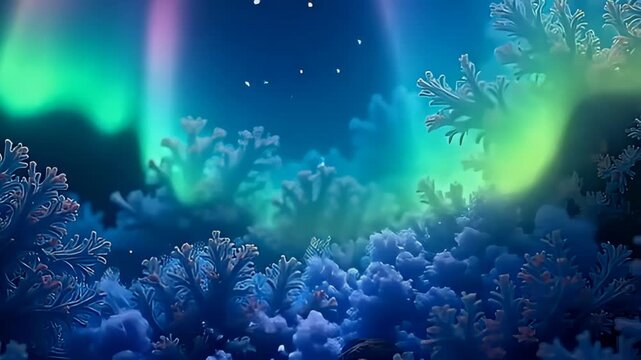 In a dreamlike sequence, cascading molecules branching like coral reef under blue light drift and float, their colors ebbing and flowing, creating an enchanting aurora-like effect that