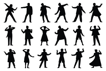 Vector art of silhouetted figures dance and pose, capturing the energy and excitement of a party or performance, perfect for illustrating entertainment