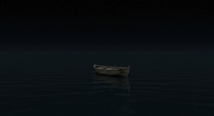 A lonely boat adrift on a vast, calm, dark ocean under a starless sky. Minimalist digital art, immense feeling of isolation and being lost.