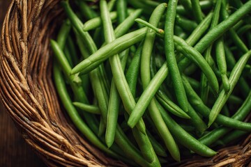 Fresh green beans in a woven basket
