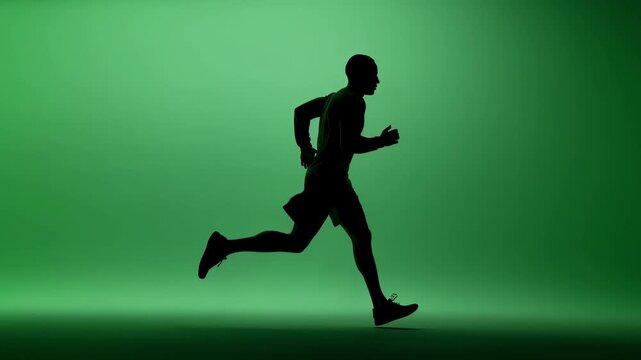 Highcontrast thermal silhouette of a person running on a heat map track showcasing fluctuating heat spots and energy output in a green screen studio setup.