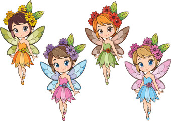 A set of cute fairy cartoon characters with flower vector illustration