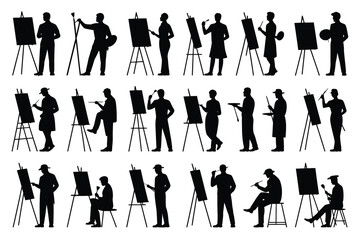 Naklejka premium Vector art of set of artist silhouettes with easels and canvases, capturing various poses and actions