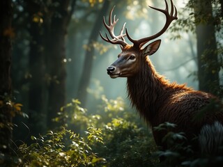 Fototapeta premium Red Deer Majestically Strolling Through Woodland