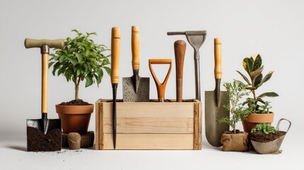 Gardening tools and plants arranged in a wooden crate