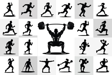 Vector art of collection of silhouette vector illustrations showing people doing sports and fitness activities