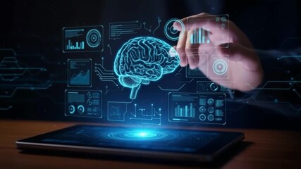 "Futuristic AI Brain Hologram with Data Analytics Dashboard" - Powered by Adobe