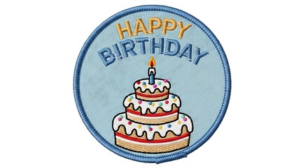 Happy Birthday celebration badge with cake and candle illustration.
