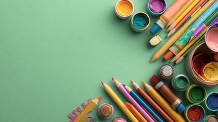 Colorful art supplies arranged on a light mint green background