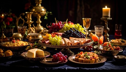 Opulent Still Life Banquet with Grapes, Cheese, and Wine in Golden Candlelight