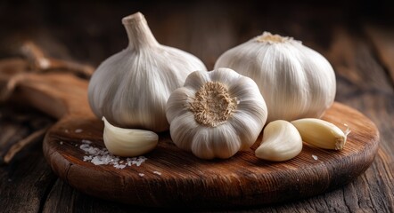 Three heads of garlic on a wooden cutting board