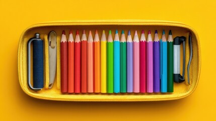 Colorful pencils and tools in a yellow box