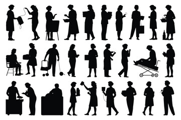 Vector art of silhouettes of medical professionals in various actions, , depicting healthcare workers in different scenarios