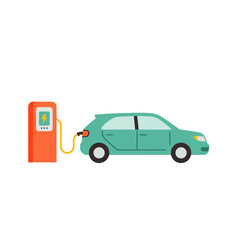 A light green electric car is charging at a red charging station, connected by a yellow cable, on a white background.