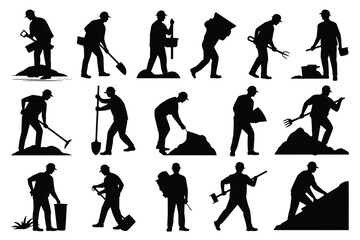 Fototapeta premium Vector art of construction worker silhouette set featuring various actions and tools for building, repair, and labor tasks