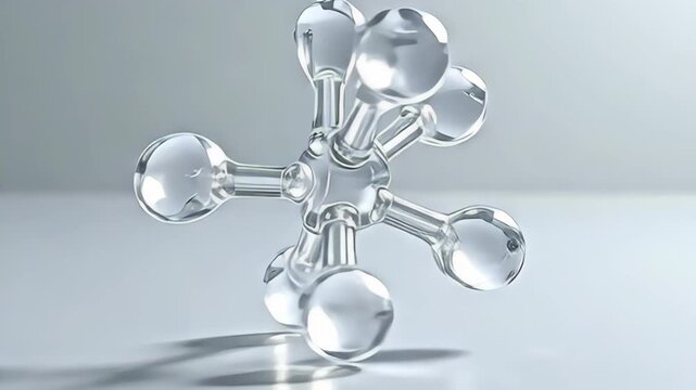 Set against a minimalist pale grey backdrop, a crystalline molecule orbiting itself in synchronized dance motion emerges, its sharp angles and facets cutting through the ambiance as it