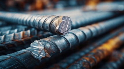 Close-up of bundled rusty reinforcing steel bars