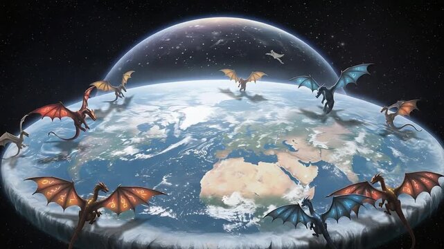flat earth dragons guarding under dome in space