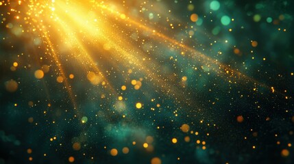 Fototapeta premium A captivating burst of golden light beams and shimmering particles creates a magical, ethereal atmosphere against a dark background.