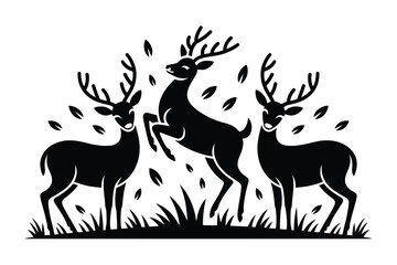Vector art of a group of deer in a forest setting, with one deer jumping, creating a dynamic and elegant wildlife scene