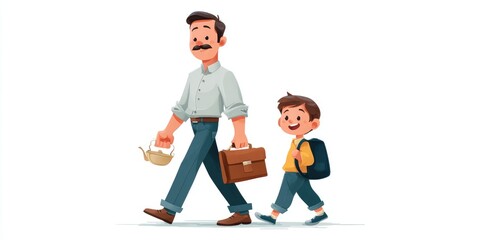 Father and son walking, carrying items