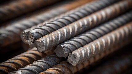 Close-up view of bundled rusty steel reinforcement bars