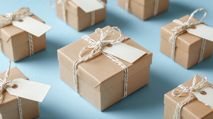Simple, neutral-toned gift boxes arranged on a pastel background