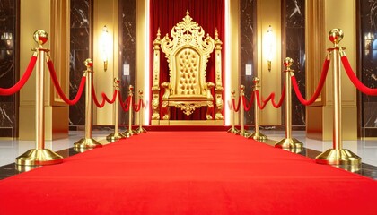 Red carpet leads to a majestic gold throne in a grand hall.