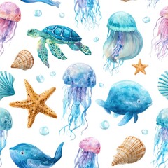 Watercolor pattern of sea creatures
