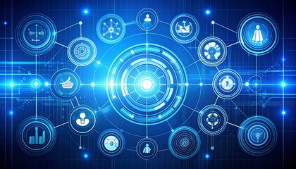 Luminous Central Hub Connecting a Digital Network of Business and User Icons