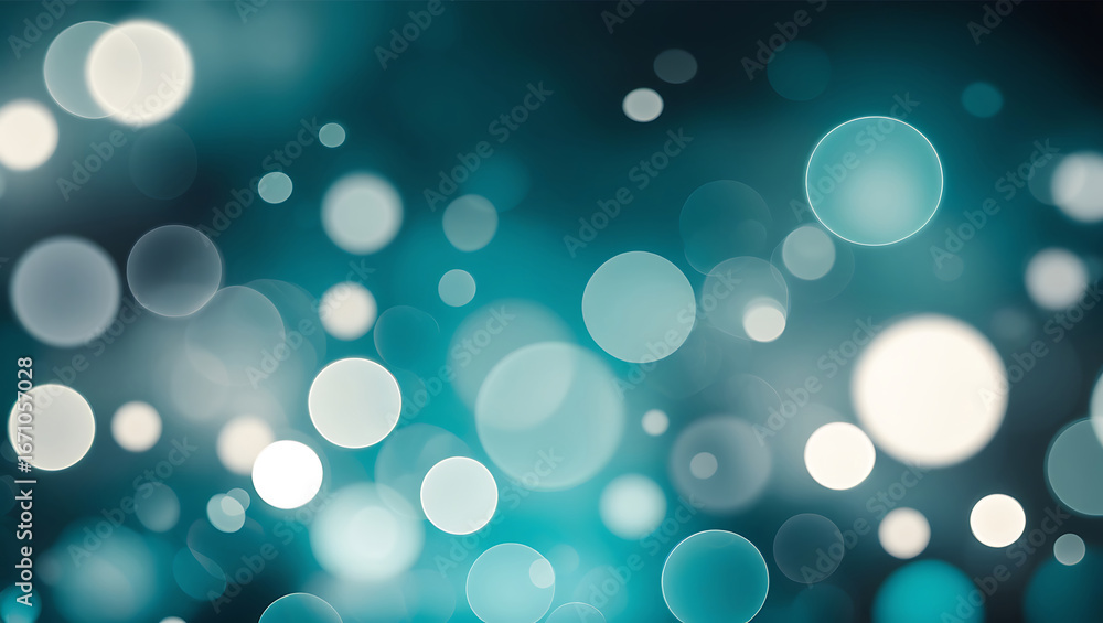 Poster abstract teal and white bokeh lights background with soft focus.