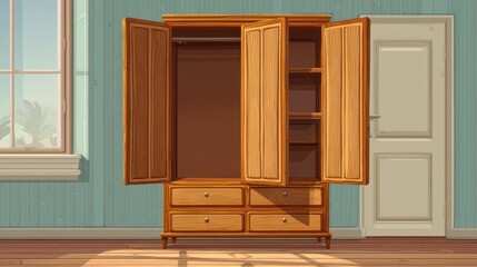 Open antique wardrobe in a teal room