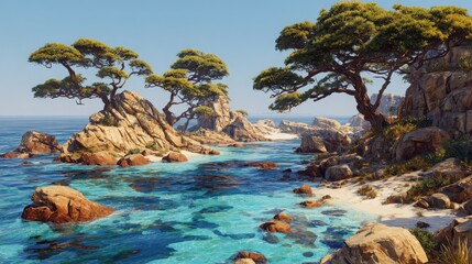 Obraz premium Tranquil Coastal Landscape with Rocky Shores and Pine Trees