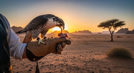 Majestic Falcon on Falconers Hand in Golden Desert Light.