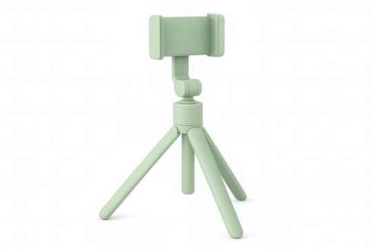 Green phone tripod securely mounting smartphone, enabling mobile photography and content creation against clean transparent backdrop