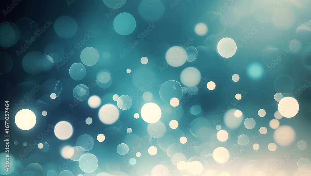 Poster abstract teal and white bokeh lights background with soft focus.