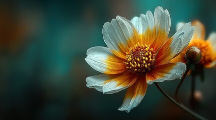 Close-up of a white and orange flower with a blurred teal background.