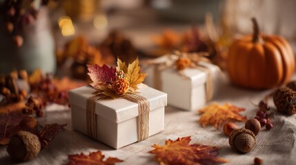 Autumnal gifts and decorations on a rustic table
