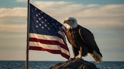Naklejka premium Bald eagle perched on a rock near the american flag blowing in the wind against a cloudy sky